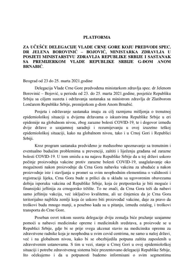 Predlog platforme za posjetu delegacije Vlade Crne Gore koju predvodi dr Jelena Borovinić Bojović, ministarka zdravlja, Republici Srbiji, Beograd, od 23. do 25. marta 2021. godine