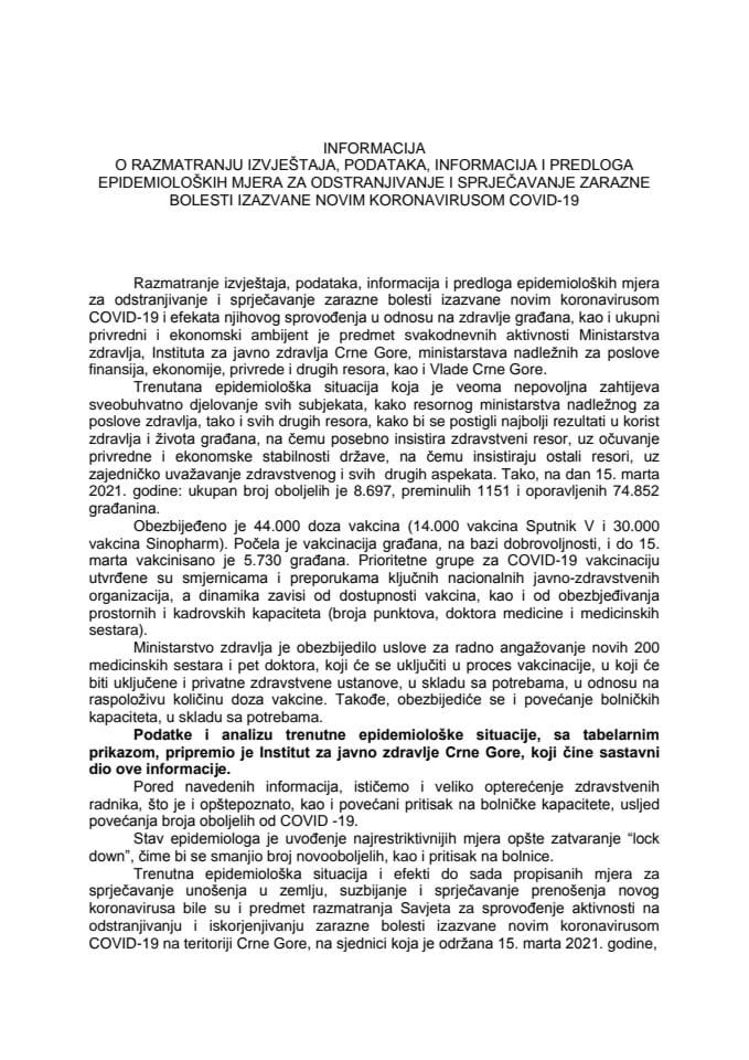 Informacija o razmatranju izvještaja, podataka, informacija i predloga epidemioloških mjera za odstranjivanje i sprječavanje zarazne bolesti izazvane novim koronavirusom [lat]COVID-19[7lat]