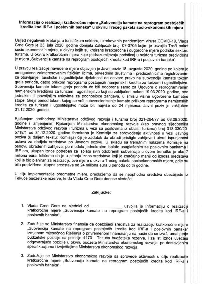 Informacija o realizaciji kratkoročne mjere „Subvencija kamate na reprogram postojećih kredita kod IRF-a i poslovnih banaka“ u okviru Trećeg paketa socio – ekonomskih mjera