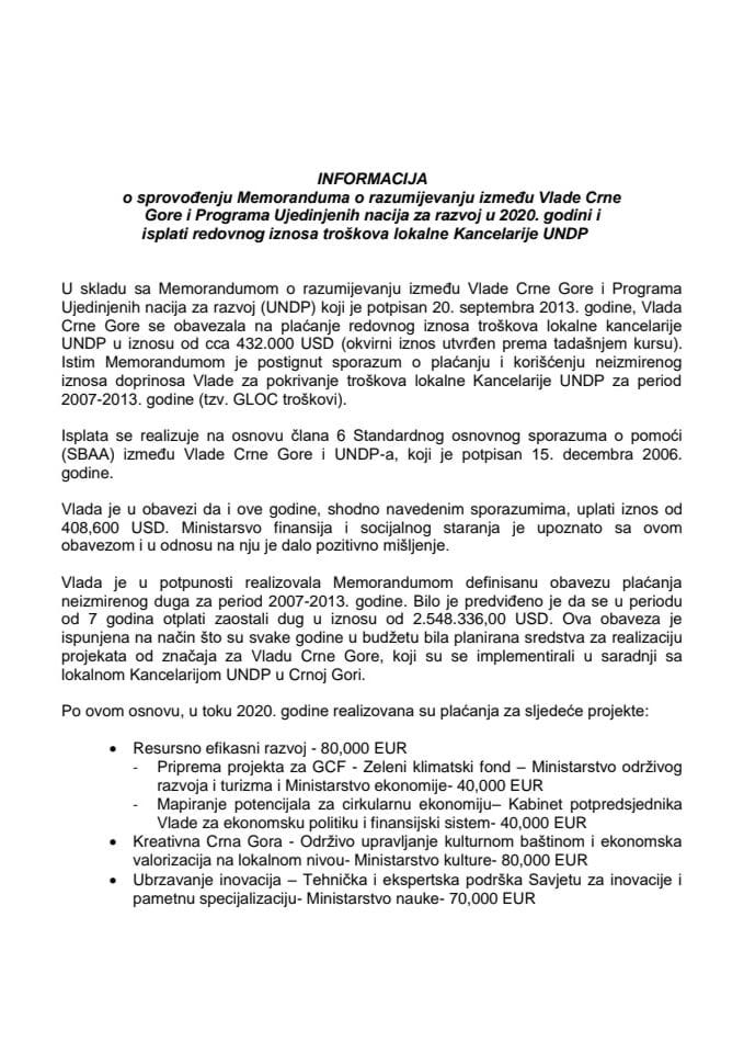 Информација о спровођењу Меморандума о разумијевању између Владе Црне Горе и Програма Уједињених нација за развој у 2020. години и исплати редовног износа трошкова локалне Канцеларије UNDP