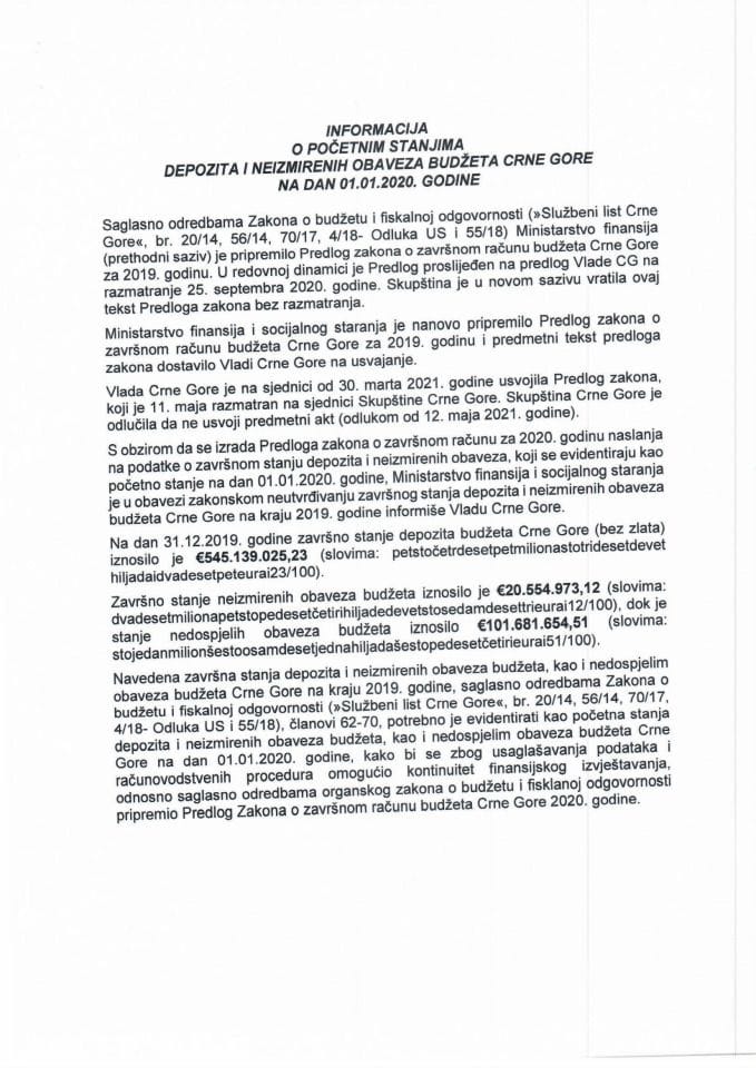 Информација о почетним стањима депозита и неизмирених обавеза буџета Црне Горе на дан 01.01.2020. године