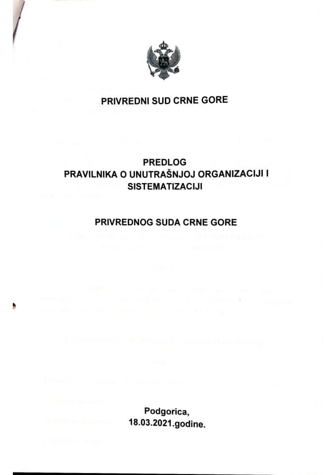 Predlog pravilnika o unutrašnjoj organizaciji i sistematizaciji Privrednog suda Crne Gore