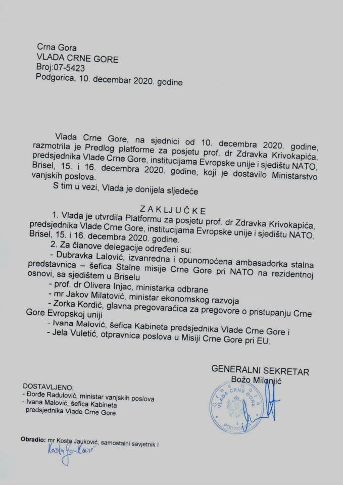 Predlog platforme za posjetu predsjednika Vlade Crne Gore prof. dr Zdravka Krivokapića institucijama Evropske unije i sjedištu NATO, Brisel, 15. i 16.decembra 2020. godine - Zaključak