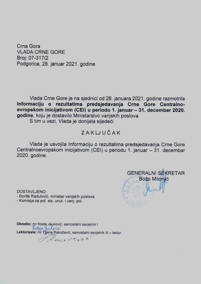 Информација о резултатима предсједавања Црне Горе Централно - европском иницијативом (CEI) у периоду 1. јануар - 31. децембар 2020. године - Закључак
