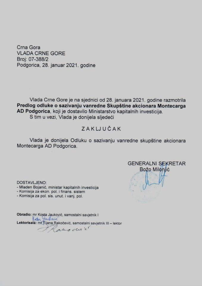 Predlog odluke o sazivanju vanredene Skupštine akcionara Montecarga AD Podgorica - Zaključak