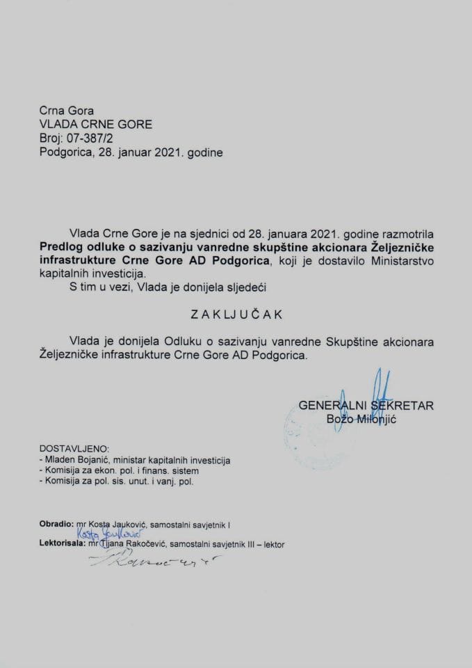 Предлог одлуке о сазивању ванредне Скупштине акционара Жељезничке инфраструктуре Црне Горе АД Подгорица - Закључак