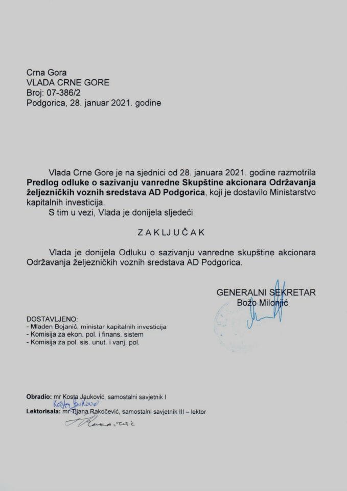 Predlog odluke o sazivanju vanredne Skupštine akcionara Održavanja željezničkih voznih sredstava AD Podgorica - Zaključak