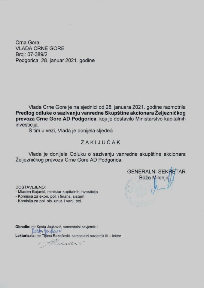 Predlog odluke o sazivanju vanredne Skupštine akcionara Željezničkog prevoza Crne Gore AD Podgorica - Zaključak