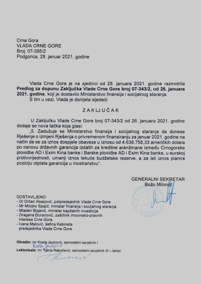 Предлог за допуну Закључка Владе Црне Горе, број: 07-343/2, од 26. јануара 2021. године - Закључак