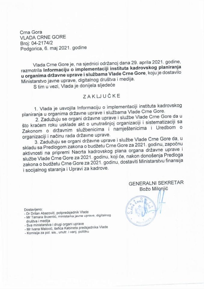 Informacija o implementaciji instituta kadrovskog planiranja u organima državne uprave i službama Vlade Crne Gore - zaključci