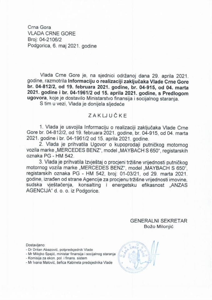 Informacija o realizaciji Zaključaka Vlade Crne Gore, broj: 04-812/2 od 19. februara 2021. godine, broj: 04-915 od 4. marta 2021. godine i broj: 04-1961/2 od 15. aprila 2021. godine - zaključci