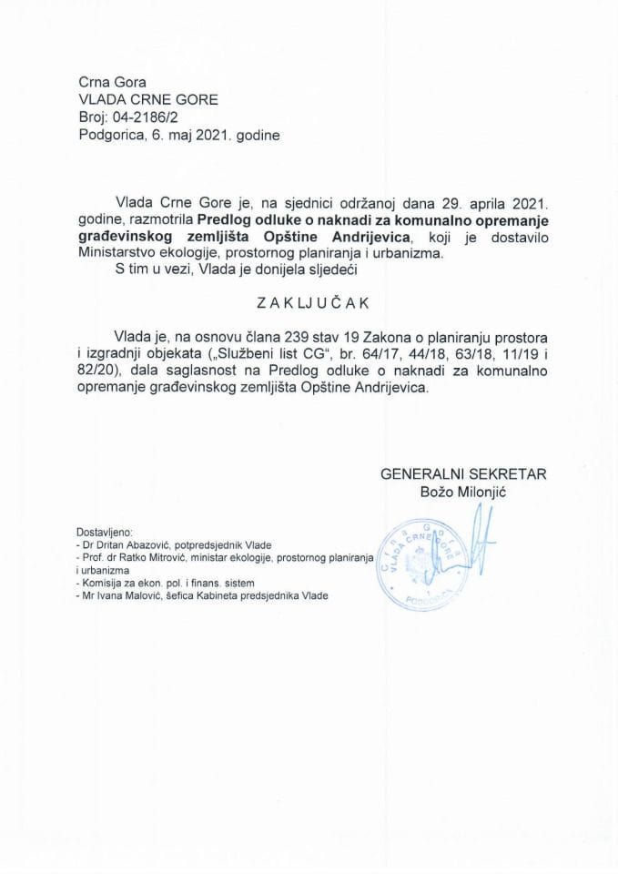 Predlog odluke o naknadi za komunalno opremanje građevinskog zemljišta Opštine Andrijevica - zaključci