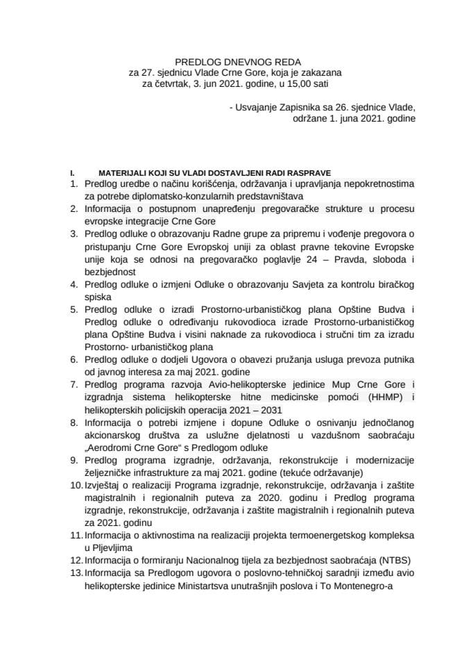 Predlog dnevnog reda za 27. sjednicu Vlade Crne Gore