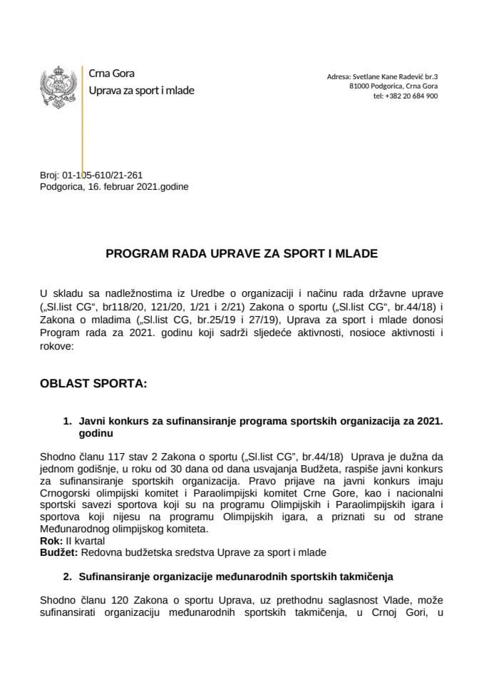 Program rada Uprave za sport i mlade  za 2021 godinu