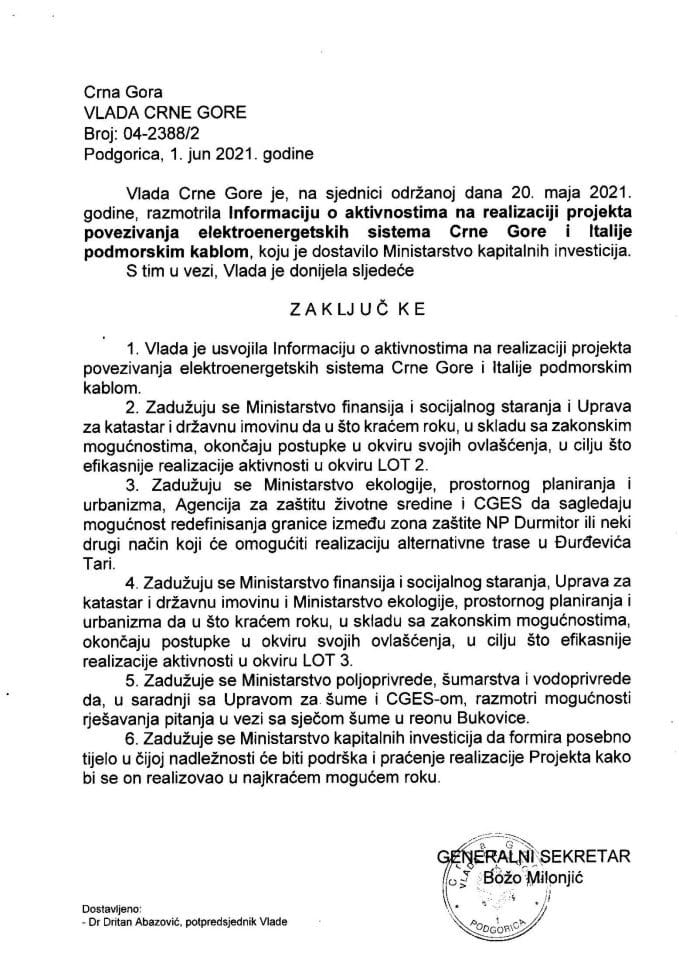 Informacija o aktivnostima na realizaciji projekta povezivanja elektroenergetskih sistema Crne Gore i Italije podmorskim kablom - zaključci