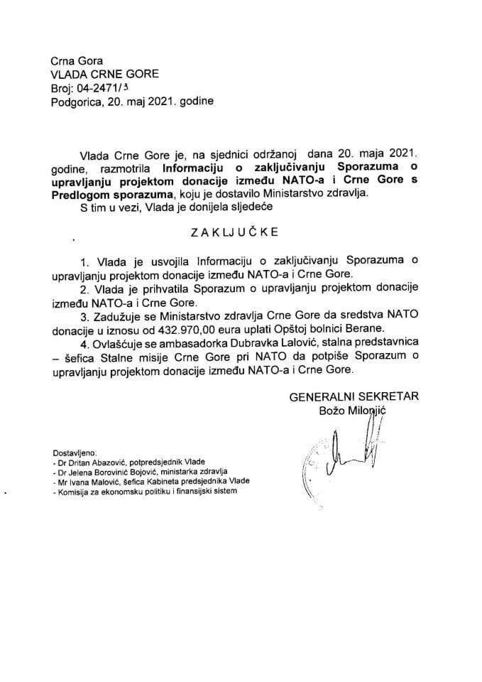 Информација о закључивању Споразума о управљању пројектом донације између НАТО-а и Црне Горе с Предлогом споразума - закључци