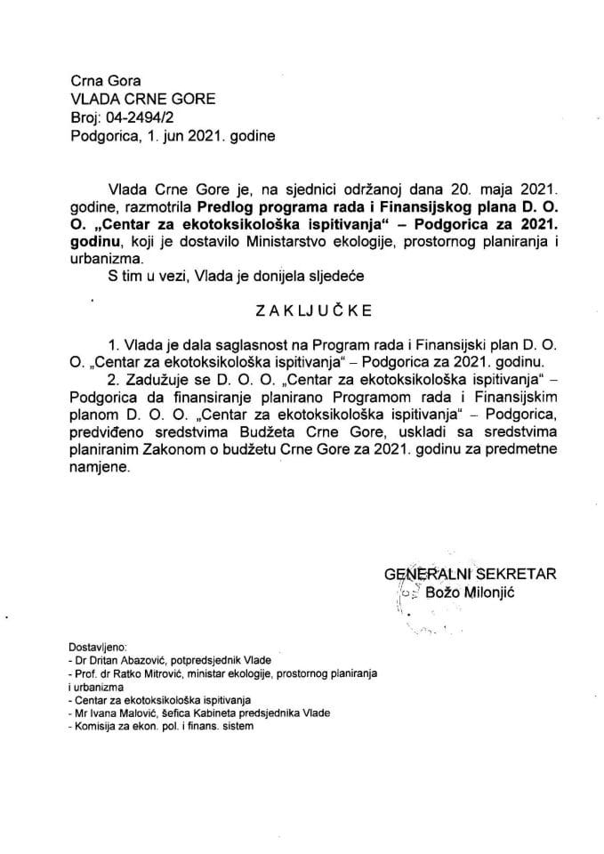 Predlog programa rada i Finansijskog plana DOO „Centar za ekotoksikološka ispitivanja“- Podgorica za 2021. godinu - zaključci
