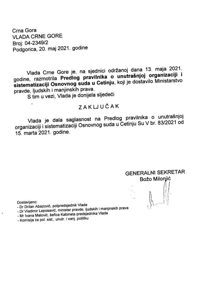 Predlog pravilnika o unutrašnjoj organizaciji i sistematizaciji Osnovnog suda u Cetinju - zaključci
