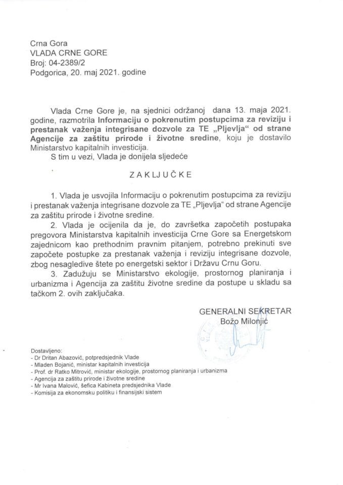 Информација о покренутим поступцима за ревизију и престанак важења интегрисане дозволе за ТЕ „Пљевља“ од стране Агенције за заштиту природе и животне средине - закључци