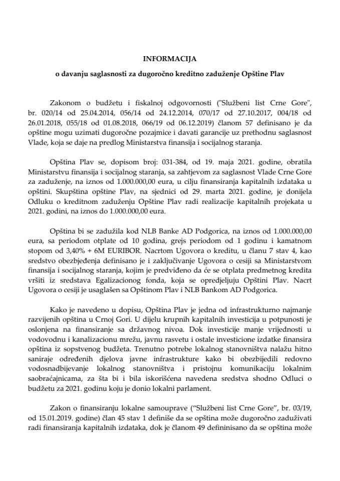 Informacija o davanju saglasnosti za kreditno zaduženje Opštine Plav kod NLB Banke AD Podgorica, na iznos od 1.000.000,00 eura s Predlogom ugovora o cesiji