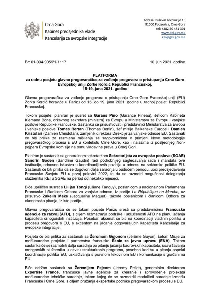Предлог платформе за радну посјету главне преговарачице за вођење преговора о приступању Црне Горе Европској унији Зорке Кордић Републици Француској, 15-19. јуна 2021. године
