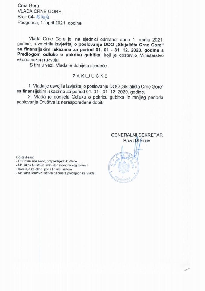 Izvještaj o poslovanju DOO „Skijališta Crne Gore“ sa finansijskim iskazima za period 01.01- 31.12.2020. godine s Predlogom odluke o pokriću gubitaka - zaključci