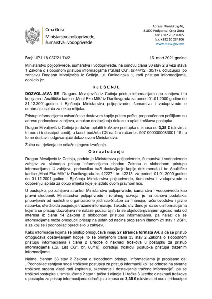 Rješenje  UP-I-18-037-2021-74-2 Dragan Mrvaljević dozvoljen pristup