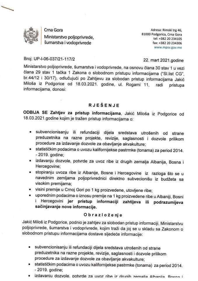 Рјешење УП-06-037-2021-117-2 Јакић Милош одбијен захтјев