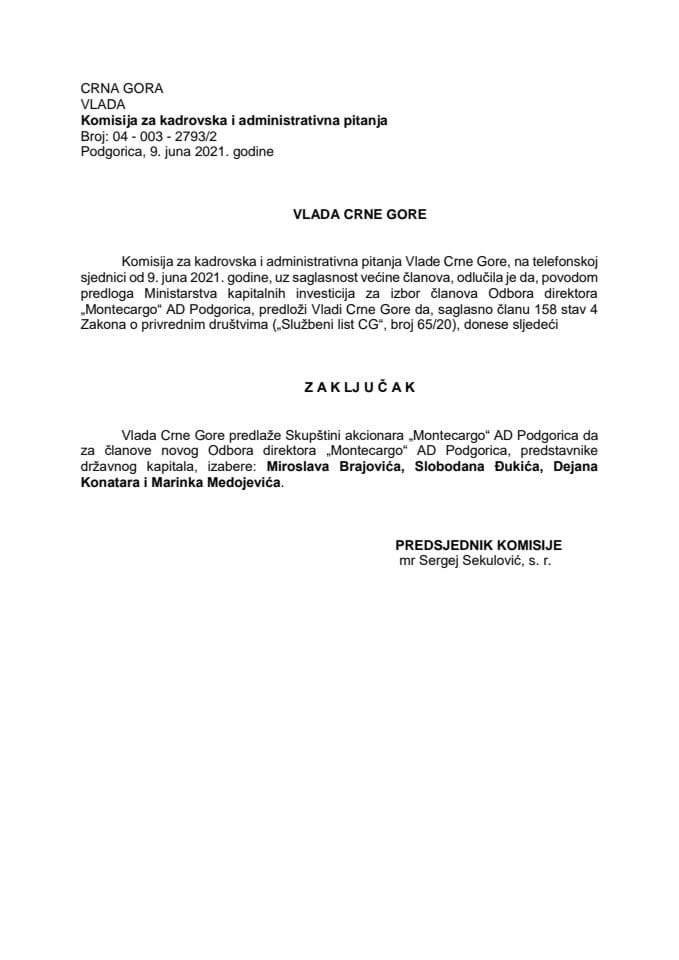 Predlog za izbor članova Odbora direktora „Montecargo“ AD Podgorica