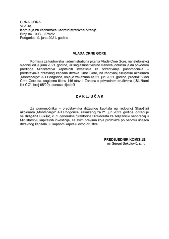 Предлог за одређивање пуномоћника-представника државног капитала на редовној Скупштини акционара „Монтецарго“ АД Подгорица