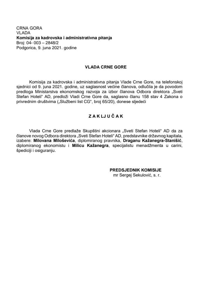 Предлог за избор чланова Одбора директора "Свети Стефан Хотели" АД