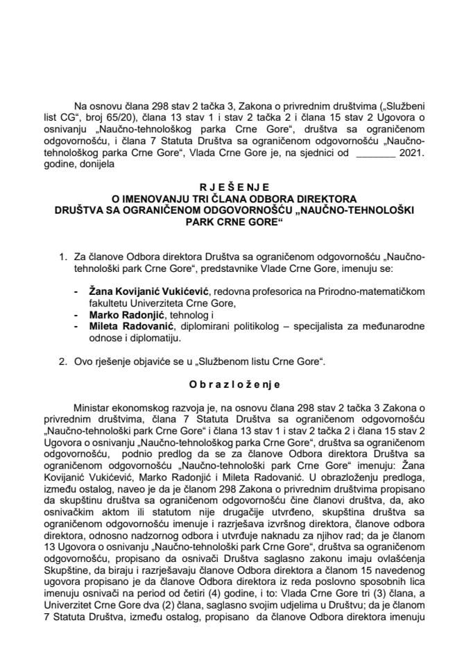 Predlog za imenovanje tri člana Odbora direktora Društva sa ograničenom odgovornošću "Naučno - tehnološki park Crne Gore“