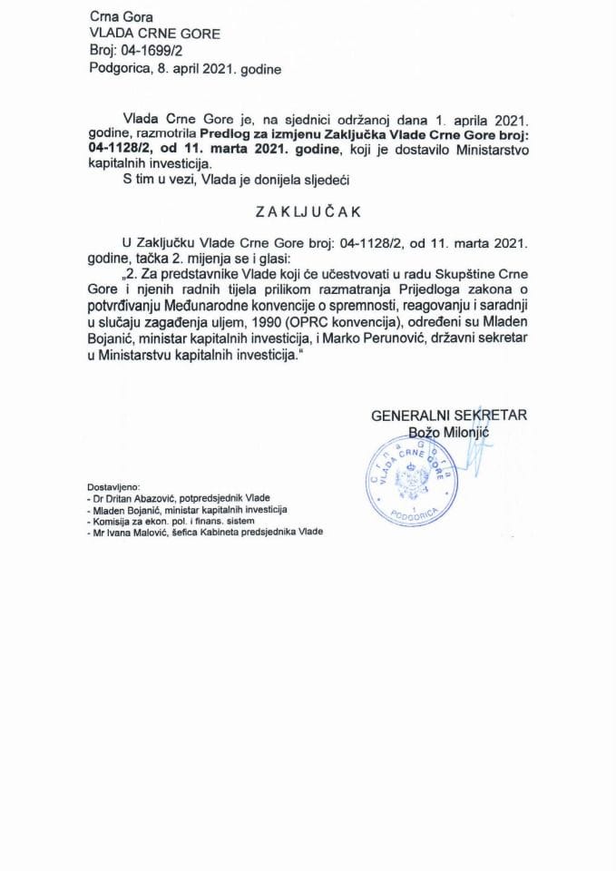 Predlog za izmjenu Zaključka Vlade Crne Gore, broj: 04-1128/2, od 11. marta 2021. godine - zaključci