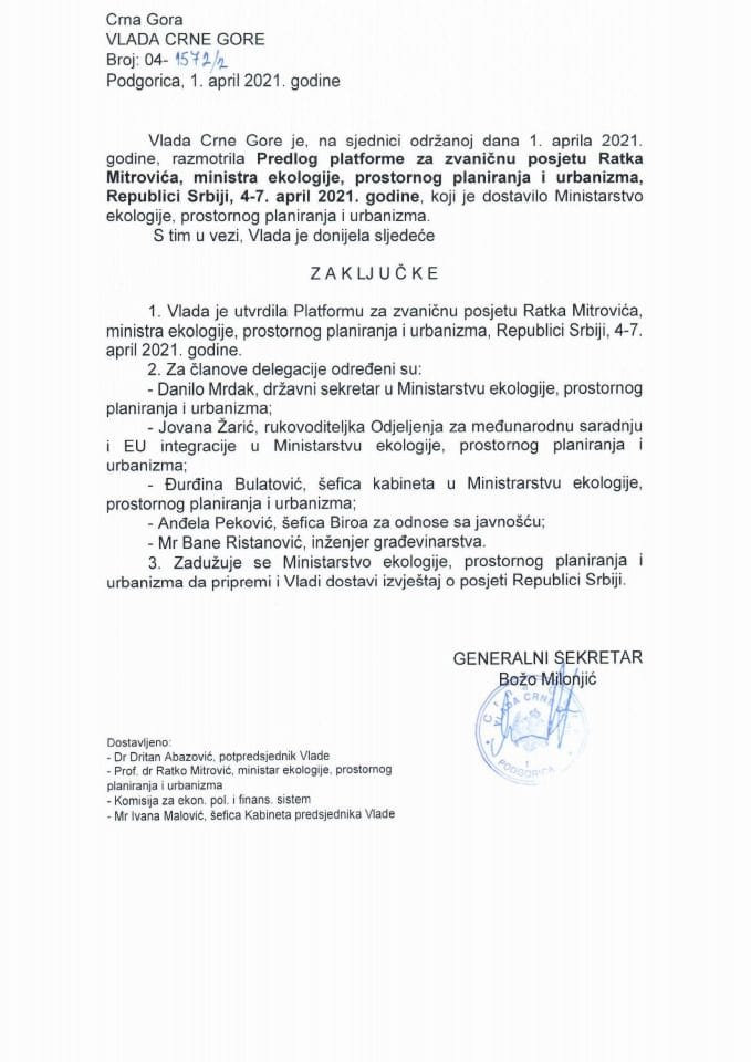 Предлог платформе за званичну посјету Ратка Митровића, министра екологије, просторног планирања и урбанизма, Републици Србији, од 4. до 7. априла 2021. године - закључци