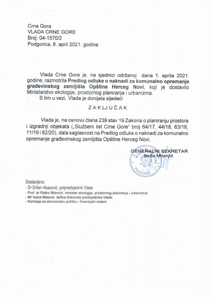 Predlog odluke o naknadi za komunalno opremanje građevinskog zemljišta Opštine Herceg Novi - zaključci