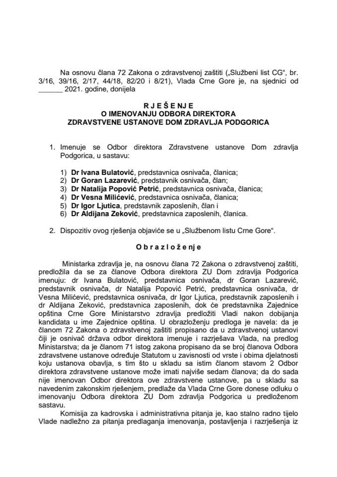 Предлог за именовање Одбора директора ЗУ Дом здравља Подгорица