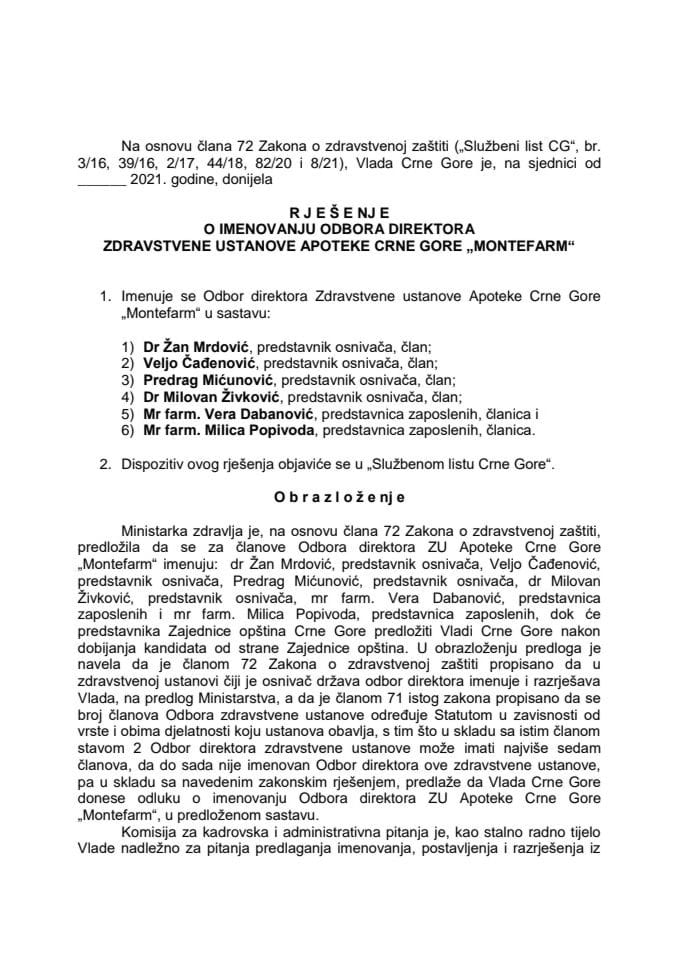 Predlog za imenovanje Odbora direktora ZU Apoteke Crne Gore “Montefarm”