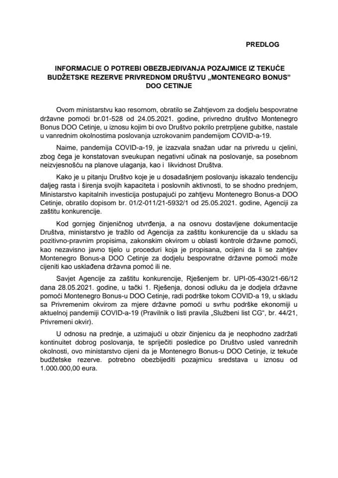 Informacija o potrebi obezbjeđivanja pozajmice iz Tekuće budžetske rezerve privrednom društvu „Montenegro Bonus” DOO Cetinje