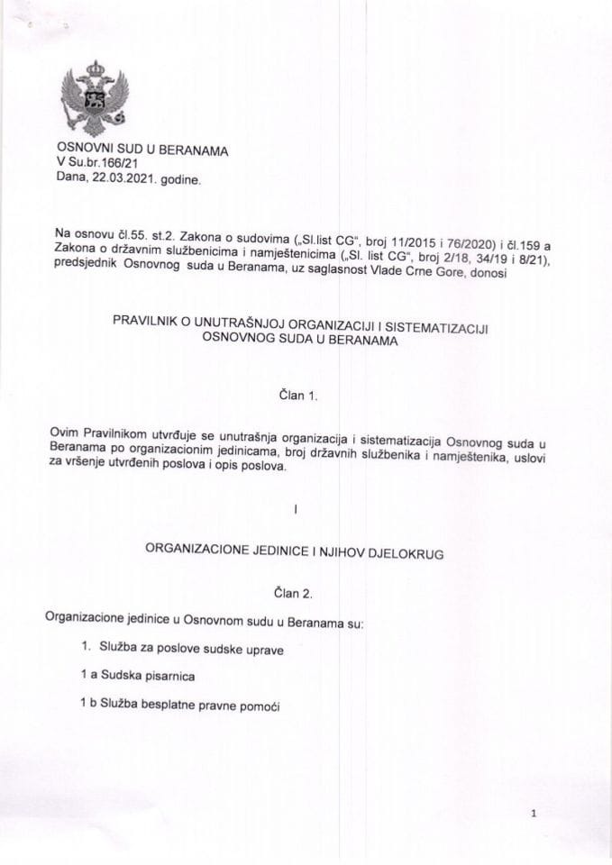 Предлог правилника о унутрашњој организацији и систематизацији Основног суда у Беранама (без расправе)