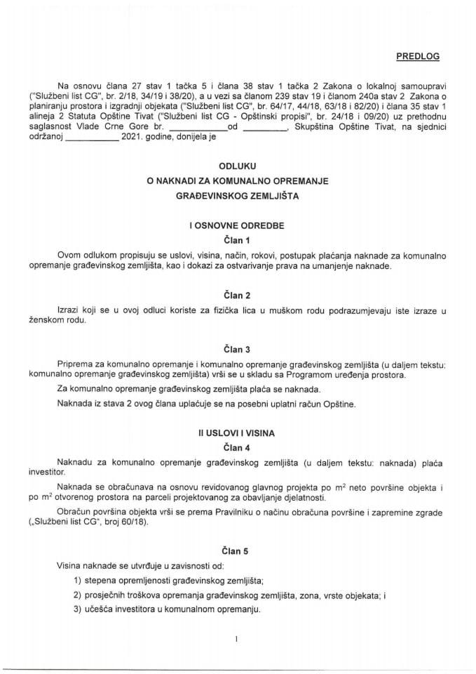 Predlog odluke o naknadi za komunalno opremanje građevinskog zemljišta Opštine Tivat