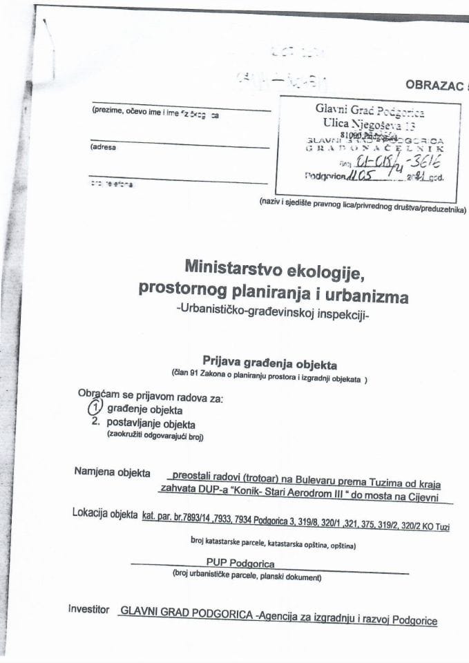 Prijava građenja objekta - 071-4-2045-1 Glavni grad Podgorica - Agencija za izgradnju i razvoj Podgorice