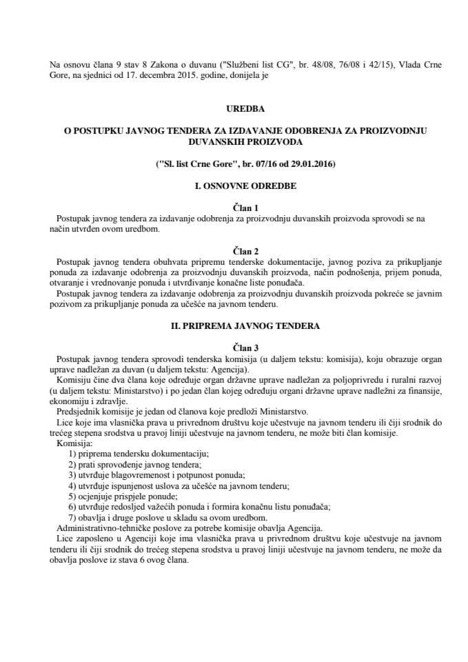 Uredba o postupku javnog tendera za izdavanje odobrenja za proizvodnju duvanskih proizvoda
