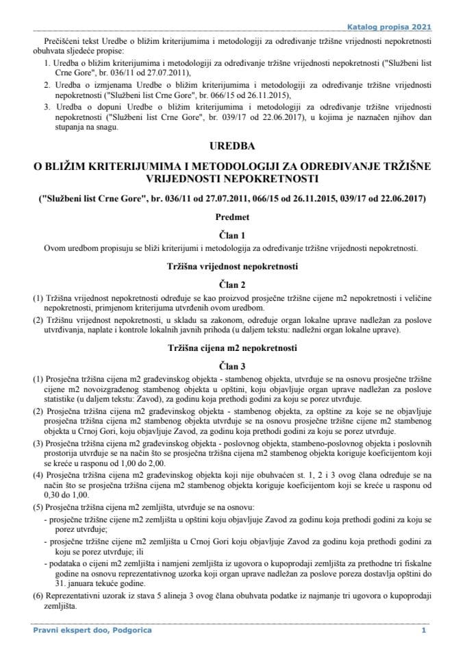 Uredba o bližim kriterijumima i metodologiji za određivanje tržišne vrijednosti nepokretnosti