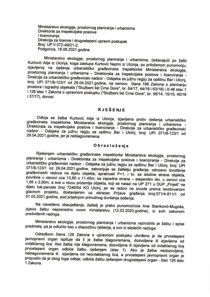 Drugostepeni postupak - UPII 072-49-21 ALIJA KURTOVIĆ