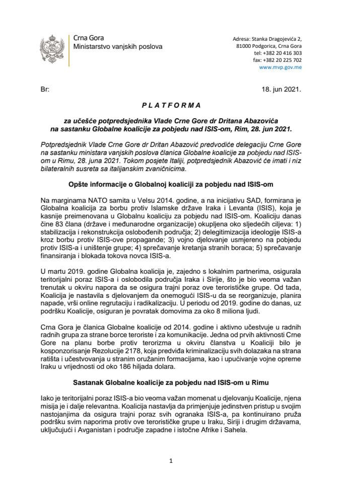 Predlog platforme za učešće dr Dritana Abazovića, potpredsjednika Vlade Crne Gore, na sastanku Globalne koalicije za pobjedu nad ISIS-om, 28. juna 2021. godine, Rim, Republika Italija