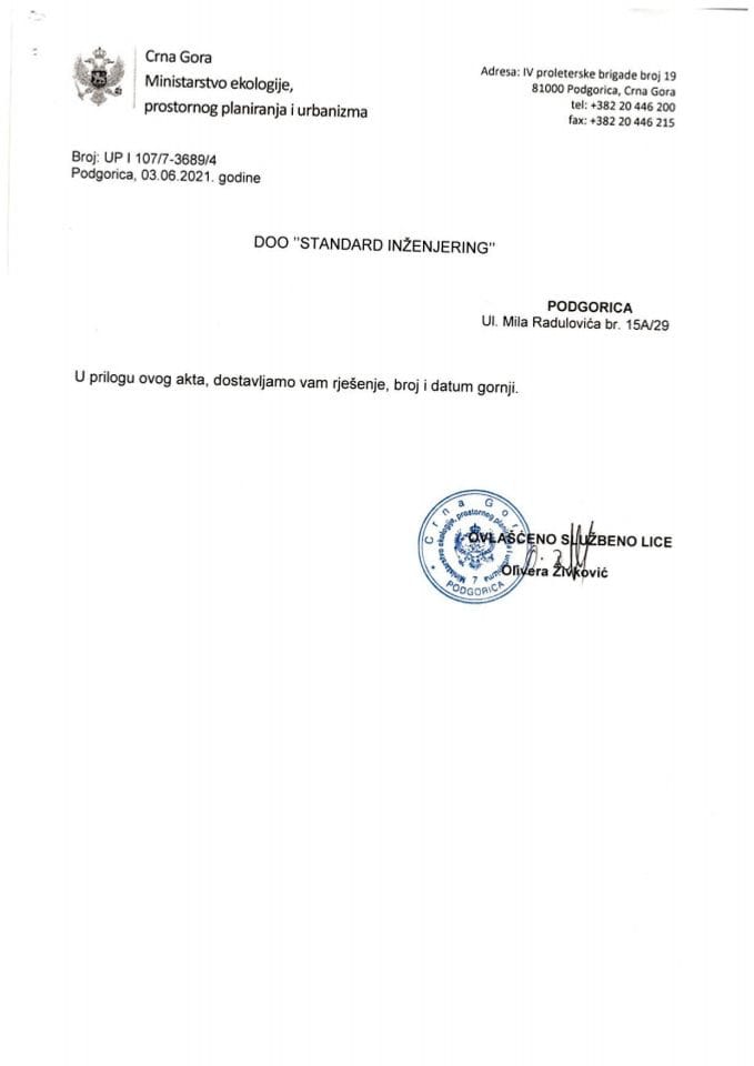 Licence projektanata i izvođača radova - UPI 107-7-3689-4 DOO STANDARD INŽENJERING