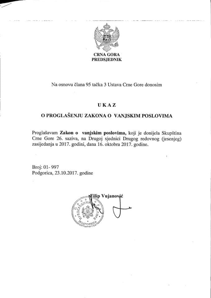 Novi Zakon o vanjskim poslovima 70-17 od 27 10 2017