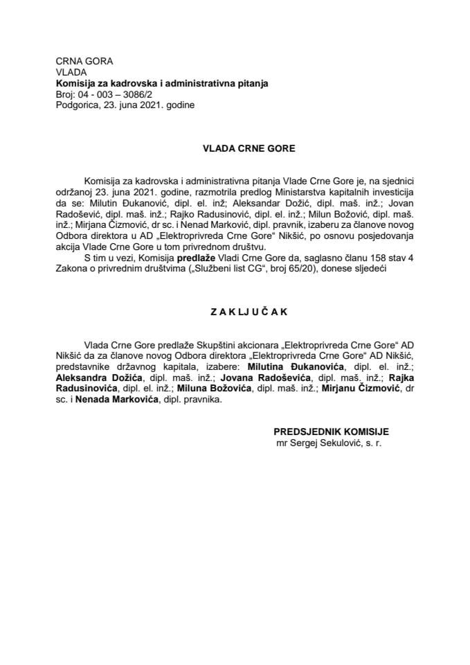 Predlog za izbor članova Odbora direktora „Elektroprivreda Crne Gore“ AD Nikšić