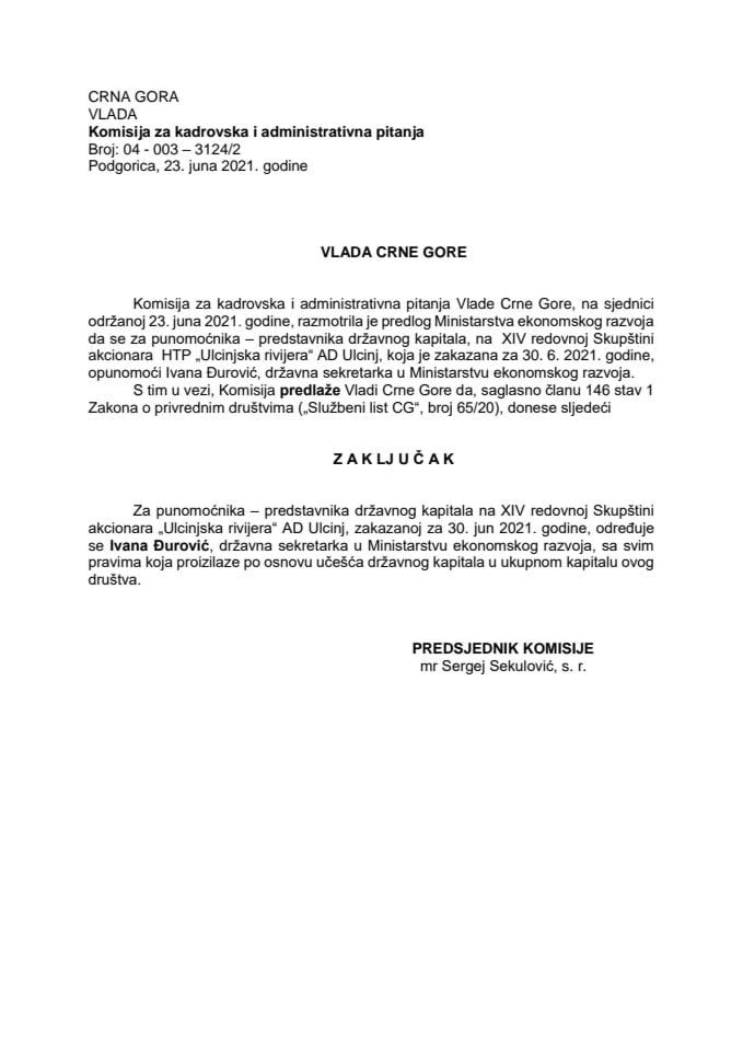 Predlog za određivanje punomoćnika – predstavnika državnog kapitala na XIV redovnoj Skupštini akcionara HTP „Ulcinjska rivijera“ AD Ulcinj