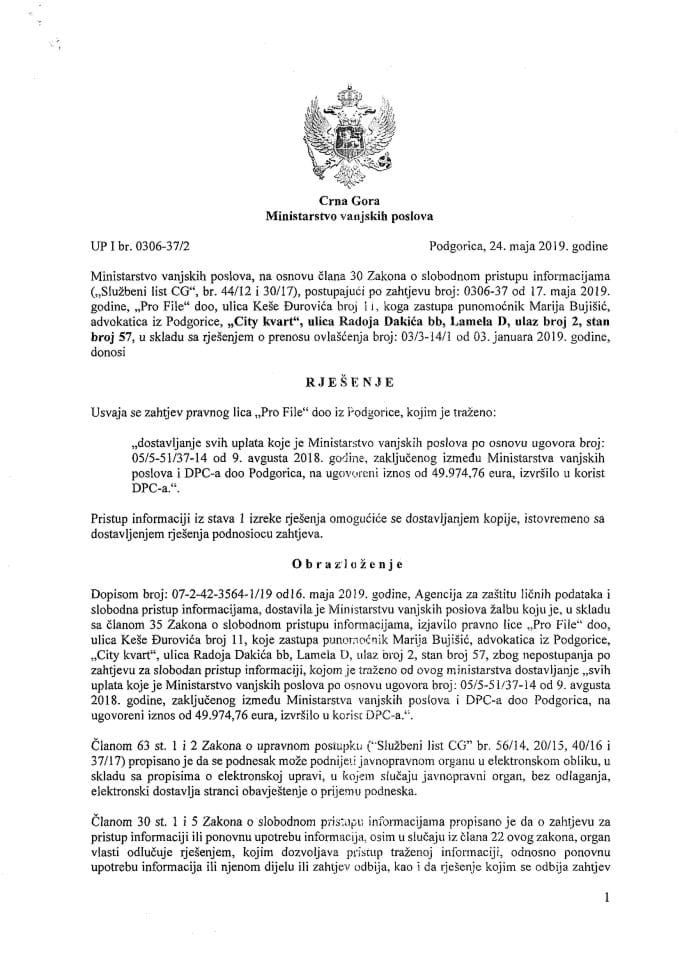 Informacije kojima je po zakonu pristup odobren - UPI 0306-37/2